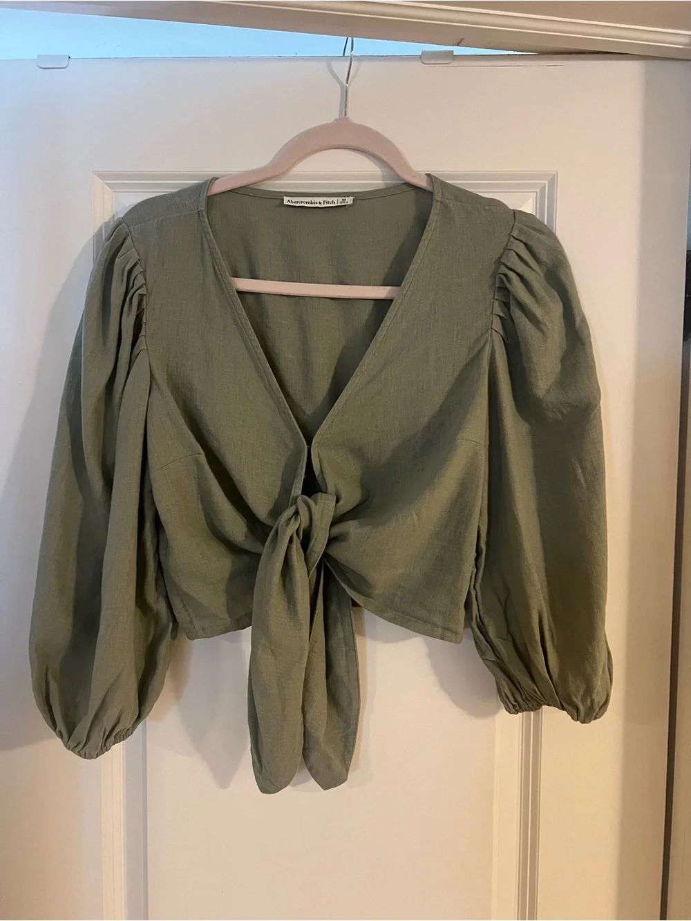 Abercrombie & Fitch Olive Green Tie-Front Puff Sleeve Top